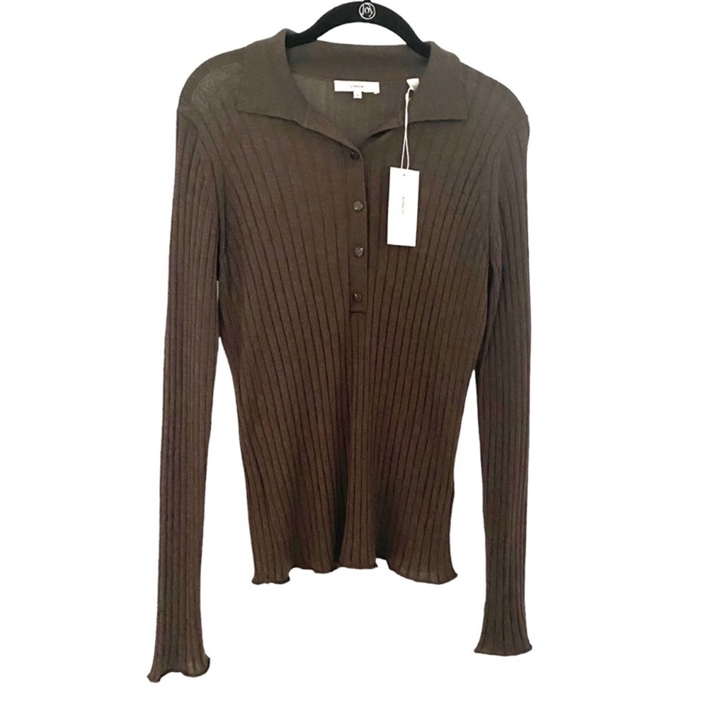 VINCE Brown Ripped Polo Top